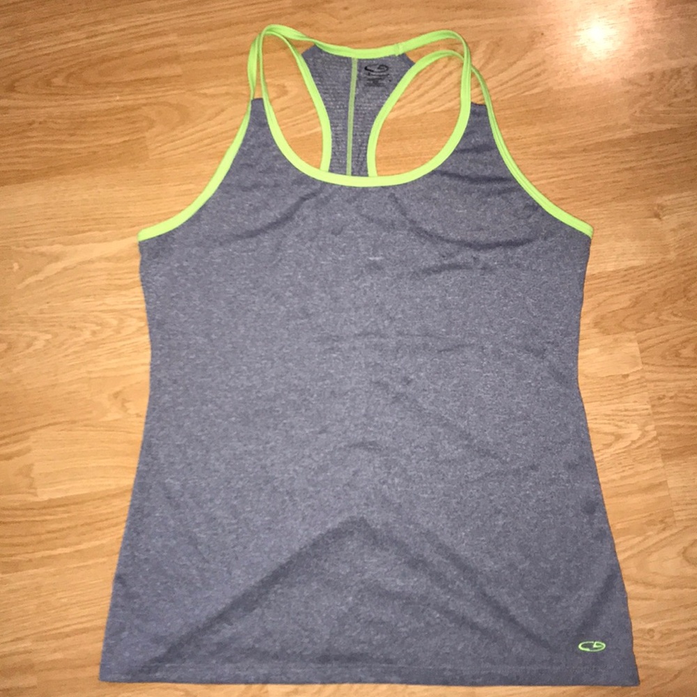 Gray workout tank with green trim